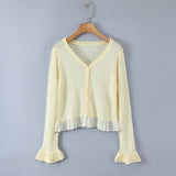 Patchwork Knitting Spring Summer Cardigan Top Women's V-neck Button Solid Casual Thin Jacket Flare Sleeve Ruffle All-match Coat