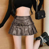 Pbong  Vintage High-Waisted PU Leather Mini Dress Slimming American Style Sexy Pleated Skirt Autumn/Winter New Arrival