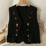 Embroidery Floral Tie Front Sweater Vest for Women Bow Tie Front Sleeveless Knit Cardigan Jacket Teen-girl Fairycore Cute Outfit