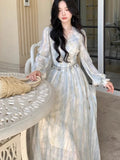 Women Elegant Blue Tie-Dye Dress  Autumn Fairy V-Neck Long Dress French Party Prom Evening Clothing New Holiday Outfits Vestidos