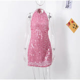 Fashion Sleeveless Pink Sequin Short Dress Halter-neck Sexy Slim Summer Dress Women Chic Street Party Dress Vestidos 2025 New