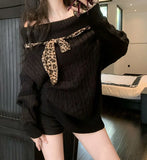 Sexy Off Shoulder Y2K Sweater Women Vintage Leopard Lace Up Knitted Jumper Casual Lazy Wind Long Sleeve Slash Neck Pullover