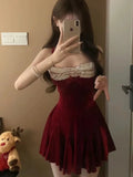 French Elegant Red Party Velvet Mini Dress Women Fashion Patchwork Princess Vestidos Female Spring Autumn Graduation Clothes