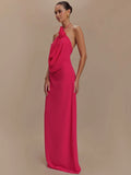 Rose Halter Off-shoulder Sexy Maxi Dress Women Rose Red Sleeveless Backless Lace-up High Waist Club Party Long Dress
