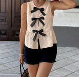 Summer Euramerican Sweet Elegant O Neck Sleeveless Tank Tops Y2k Constrast Color Bow Design Sweet Cool Camisole Harajuku Tops