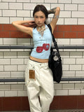 Harajuku Print Vintage Tank Tops Women Sleeveless Zipper Y2k Grunge Crop Tops American Retro Tee Tops Summer Out Wear
