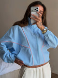 Pbong   Autumn Winter Casual Patchwork Women Coat Elegant Long Sleeve Zippers Pocket Stand Collar Female Jacket Lady Streetwear New