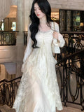 Women Elegant Solid Ruffles Fairy Dresses Korean Lace Patchwork Slim Waist A Line Dress Princess Party Vestidos Female Robe New