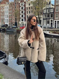 Women Fashion Solid Lambswool Horn Button Coat Loose O Neck Single-breasted Warm Top 2023 Winter Lady Elegant Duffle Jacket