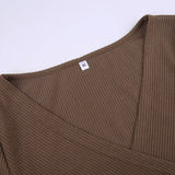 Brown V-Neck Knitted Wrap Ruched Dress