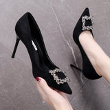 Women New Mid Heeled Sandals Black Square Buckle Pointed Thin Heeled Baotou Banquet High Heeled Shoes Womens Shoes Tacones Mujer