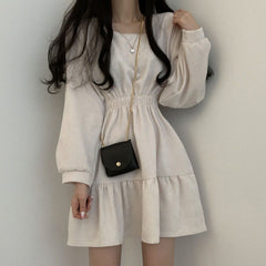 Women Long Sleeve Dresses Solid Color Square Collar A-line Sweet Vintage Design High Waist Mini Length Soft Chic Korean Elegant