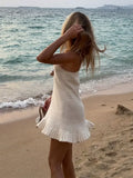 Fashion White Crochet Knit Ruffle Hem Mini Dress Women Sleeveless Backless Loose Sling Dresses Summer Holiday Beach Robes