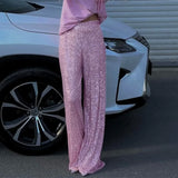 Pbong  Women Sequin Wide Leg Pants Stretchy High Waist Loose Straight Trousers Club Party Elegant Long Pants Streetwear