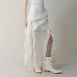 Deeptown Gothic Black Y2k Skirts Women Gyaru 2000s Lace Irregular Long White Skirt Streetwear Irregular Ruffle Skirts Aesthetic