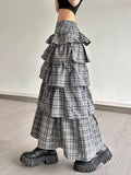 Vintage Plaid Skirt Women Preppy Style Sweet Ruffle Cake Long Skirt Harajuku Fashion Patchwork Layered Skirts Street