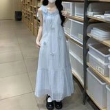 Women's Light Blue Sleeveless Strap Maxi Dress Ruffle Decor Pleated Loose Fit Elegant Casual Daily Party Dress