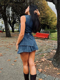 Retro Denim O-neck Vest Mini Skirt Woman's Set Casual Sleeveless Single Breasted Tops Pleated Skirts Sets Female Chic Outfits