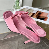 Pbong  Summer Fashion Butterfly-knot Satin Women Slipper Slip On Ladies Sandal Thin High Heel Outdoor Dress Slides Shoes