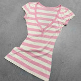 Pbong  Sweet V Neck Short Sleeve Girl T Shirts Y2k All Match Constrast Color Striped Slim Commuter Tops Harajuku Punk Tees