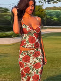 Fashion Red Flower Print Bodycon Long Skirt Set Women Backless Sleeveless Tank Tops High Waist Skirts Sexy Beach Vocation Outfit