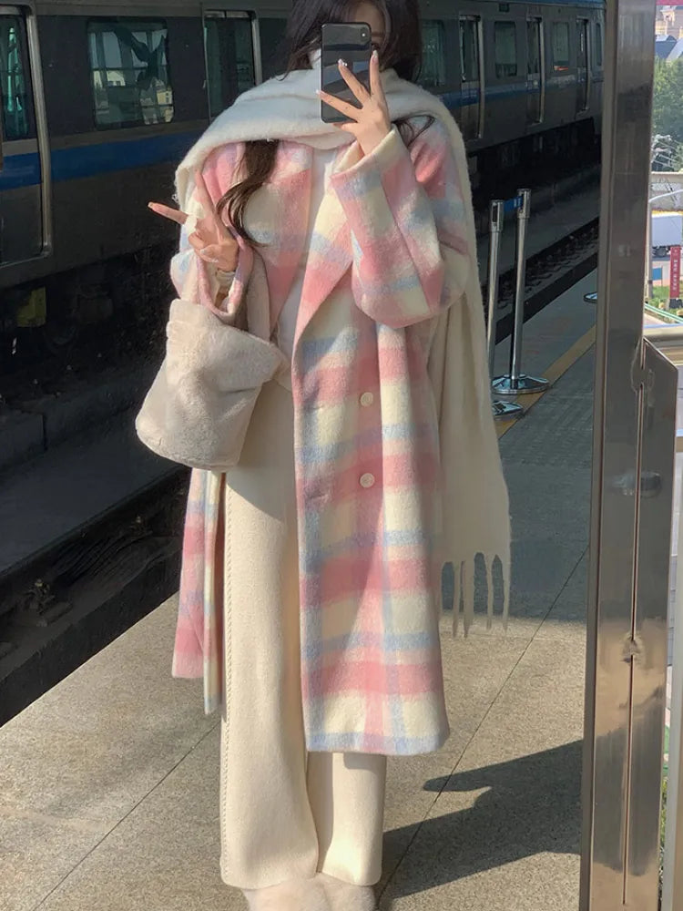 Winter Rainbow Woollen Coats Women Casual Warm Loose Plaid Long Coats Female Korean Fashion Office Lady Trench Jackets Y2k