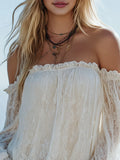 Summer Women Blouse Off Shoulder Lace Lantern Blouses Square Neck Solid Color Top Ruffle Trim White Lace Long Sleeve Top