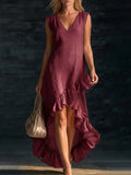 Pbong  Elegant Cotton Sleeveless Long Dresses For Women Summer Solid Color V-neck  Party Maxi Dress Casual