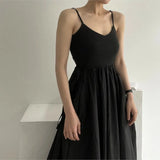 A-line Pocket Street Cargo Dress V-neck Solid Color Gray Pleated Dress Sleeveless Korean Chic Long Dress 2025 Summer New