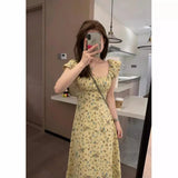 Pbong  Summer Women's Dress Cherry Yellow Flower Slimming High Neck Short Sleeve A-Line Skirt CleanFit Style High Waist Cotton Fabric
