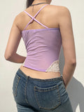 Contrast Lace Patchwork Black Goth Y2K Camisole Women Front Ruched Back Cross Slim Cute Mesh Crop Top