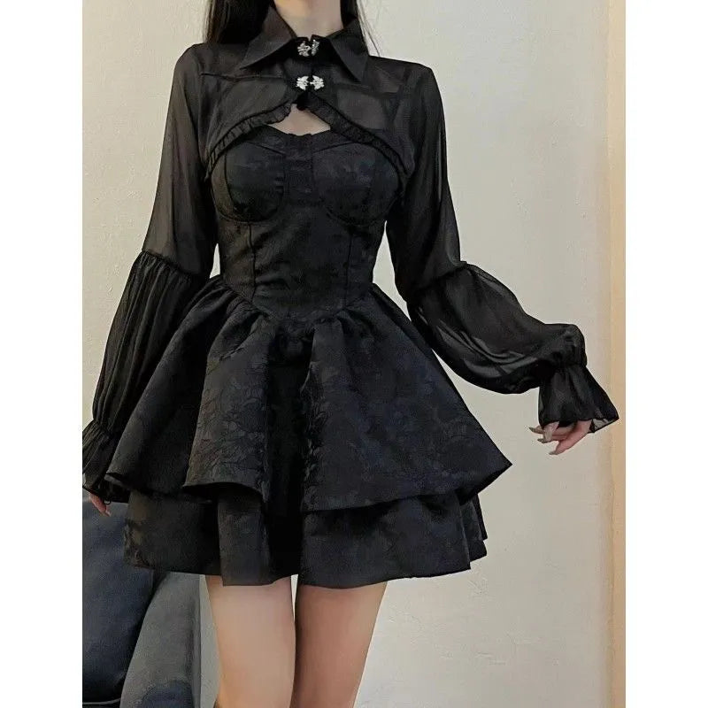 Black Sexy Lolita Dress Women Gothic Vintage Mini Dresses Harajuku Halloween Cosplay Costumes Long Sleeve Fairy Dress Woman