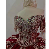Pbong  Customized Glittering Burgundy Beaded Corset Ball Gowns Quinceanera Dress Vestidos De Xv Big Bow Women Pageant Dresses Sweet 16
