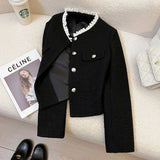 Black Slim Elegant Tweed Jacket Women Vintage Lace Patchwork Long Sleeve Sweet Coat Fall Winter French Casual Retro Tops