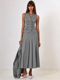 Autumn Two Piece Sets Women Double-breasted Vest And Split Skirt Matching Sets Fashion Long Pleated Skirt Two Piece Set