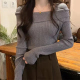 Women Off the Shoulder Sweater Top Ribbed Knit Long Sleeve Pullover Fitted Plain Jumper Ladies Fall Winter Elegant Outfit