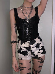 Grunge Tank Tops Gothic Transparent Hollow Out Crisscross Bandage Top Summer Sexy Fashion Mesh Ruch Ruffle Punk Tops