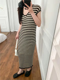 2025 Short Sleeve Stripe Knit Long Dress V-neck Thin Hollow Out Casual Dress High Stretchy Summer Vacation Beach Female Cloth