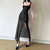 Pbong  Skinny High Waist Strapless Dresses Summer Women's Dress New Sexy Solid Solid Mesh Ruffle Edge Split Maxi Hip Wrap Dress