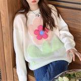 Pbong  Korean Style Lazy Sweet Soft Sweater Women's Autumn Winter New Model 3D Flower Design Knitted Long Sleeve round Neck Pullover