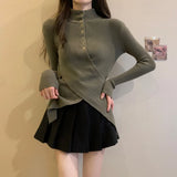 Autumn Winter Woman Vintage Irregular Pullovers Sweater Long Sleeve Turtleneck Knitwears 2000s Aesthetic Design Slim Solid Color