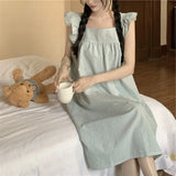 Pbong  INS Plaid Female Nightgown French Ruffled Court Style Long Nightdress Sleepwear Sleeveless Long Sleepshirt Sweet Homewear