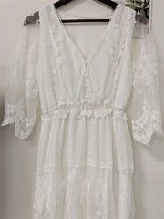 Hollow Out White Dress Sexy Women Lace Long Dress Cross Semi-Sheer Plunge V-Neck Short Sleeve Lace Maxi Dress