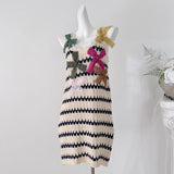 Pbong   Crochet Bow-knitted Striped Mini Dress Sleeveless Summer Hollow Out Short Dress Women New Casual Dresses Tank Sundress