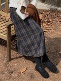 Pbong  Japanese Vintage Long Skirts Woolen Fabric Pleated Patchwork Plaid High Waist Skirt Autumn Winter New Slim Women's Clothing
