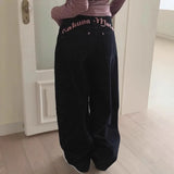 Pbong  Women's Sweet Casual Full Length Baggy Denim Trouser Retro Emo Harajuku Loose Jeans Letter Embroidery High Waist Y2K 2000s Pants