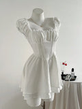 Pbong  Vintage French Style Square Neck Waist Shaping Two-Tier Puff Dress