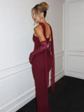 Strapless Backless Sexy Maxi Dress For Women Burgundy Mesh Sleeve Off-shoulder Bodycon Club Party Evening Long Dress