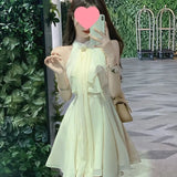 Pbong  French Style Irregular Waist Cinched Sleeveless Chiffon Dress Women Summer New Sexy Neck Hanging Short Skirt Dress