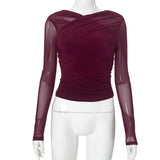 Pbong  Woman Gauze T Shirts Slim Waist Long Sleeve Tees Fashion Temperament Pleated Tops Korean Camisetas V-neck Tunic Sexy Crop Tshirt